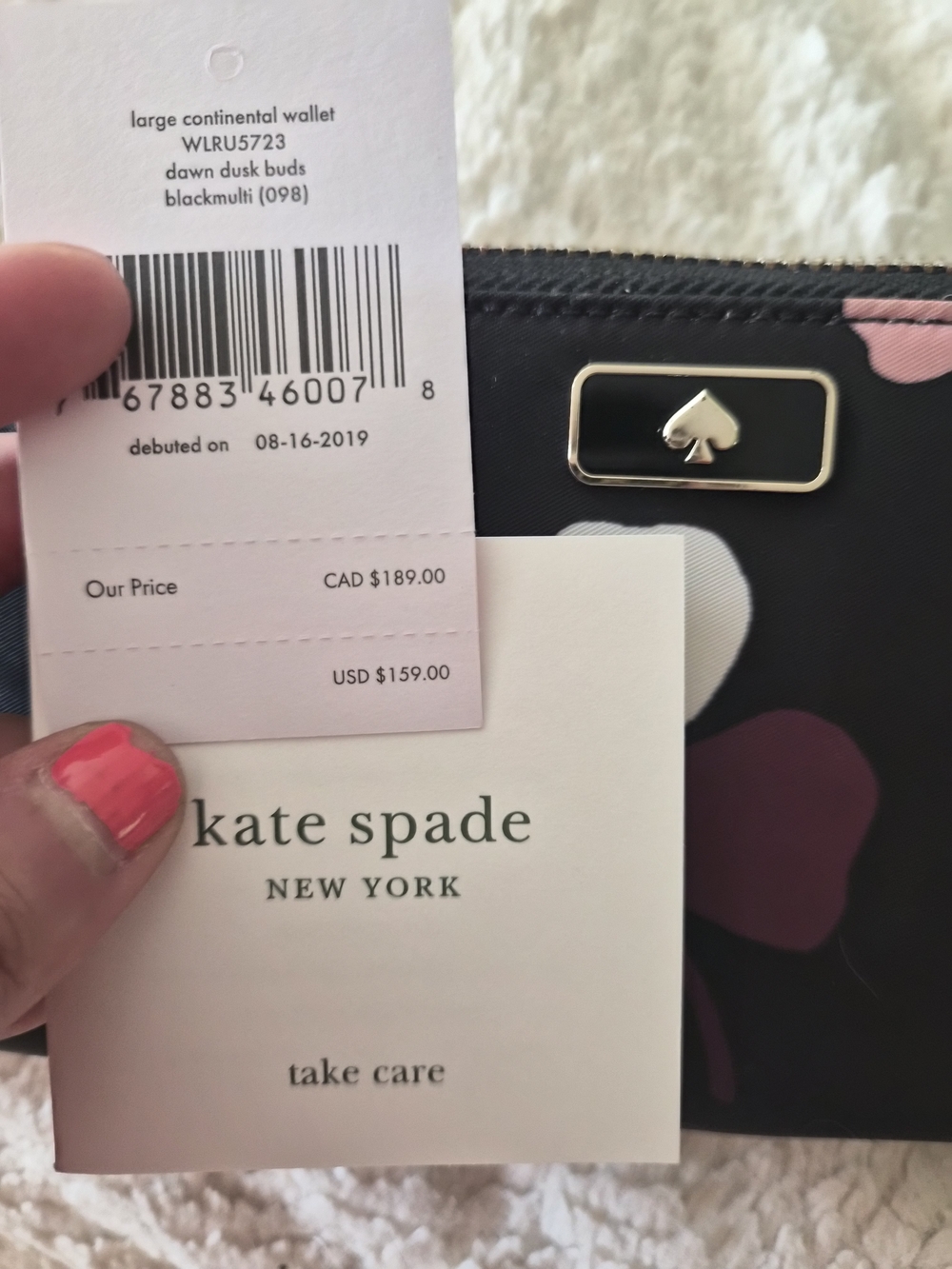 Kate Spade Large Continental Wallet - Black with Pink & Cream Floral